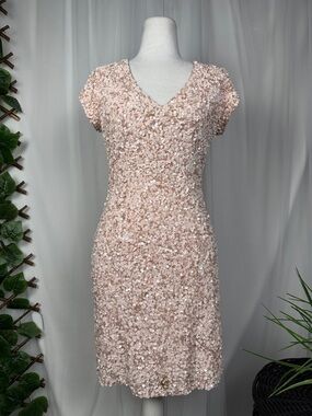 Stunning Sequin V-Neck Midi Dress in Blush Pink 100% Silk Parker Black lined